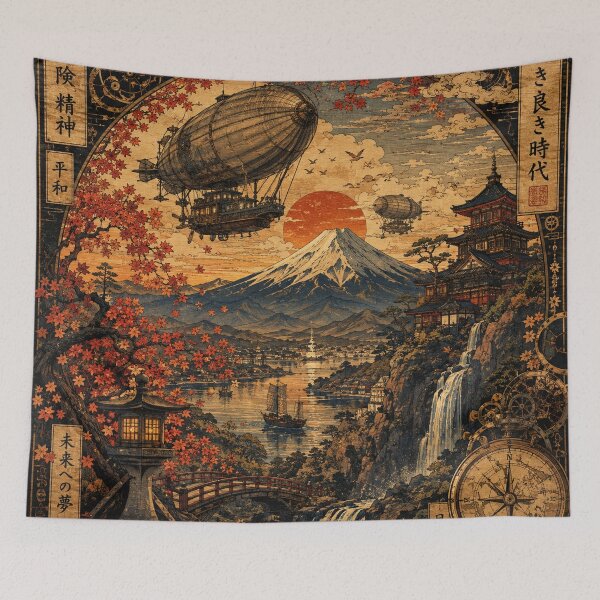 Item preview, Steampunk Ukiyo-e Mount Fuji Airships – Vintage Japanese Autumn Woodblock Art designed and sold by BrandonArtWorld.