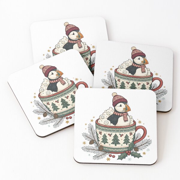 Aperçu de l'œuvre Mug de Noël Macareux Cozy / Illustration d'oiseau marin / Macareux d'hiver créée et vendue par VibranPalette.