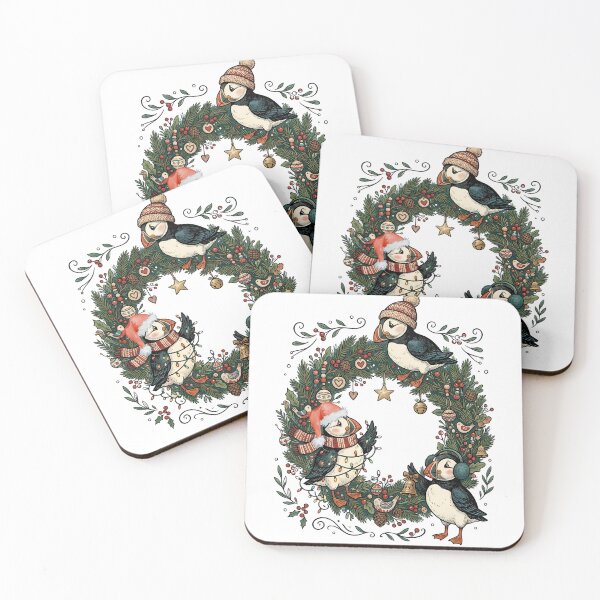 Item preview, Cozy Puffin Wreath Coastal Christmas / Seabird art / Nordic Coastal art designed and sold by VibranPalette.