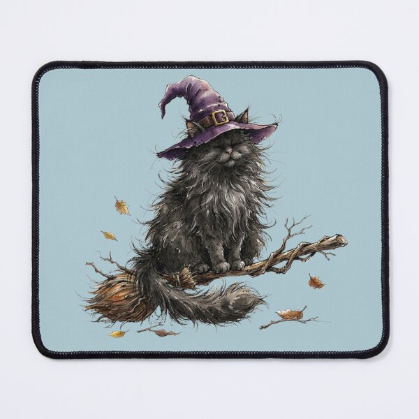Item preview, Cute Fluffy Black Cat Witch on Broomstick Halloween Watercolor designed and sold by BreezifyDesignStudio.