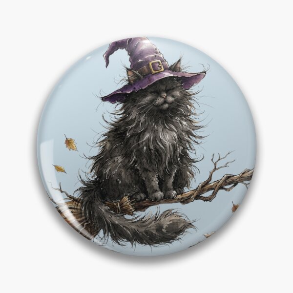 Item preview, Cute Fluffy Black Cat Witch on Broomstick Halloween Watercolor designed and sold by BreezifyDesignStudio.