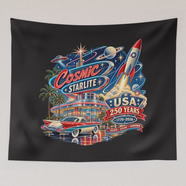 Item preview, Cosmic Starlite Diner USA 250 Ans Fusée Rétro designed and sold by Normandy Road Heritage™ - Vintage Garage Art.