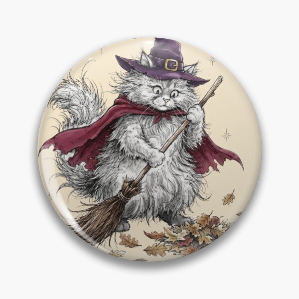 Item preview, Cute Fluffy White Cat Witch Sweeping Autumn Leaves Halloween designed and sold by BreezifyDesignStudio.