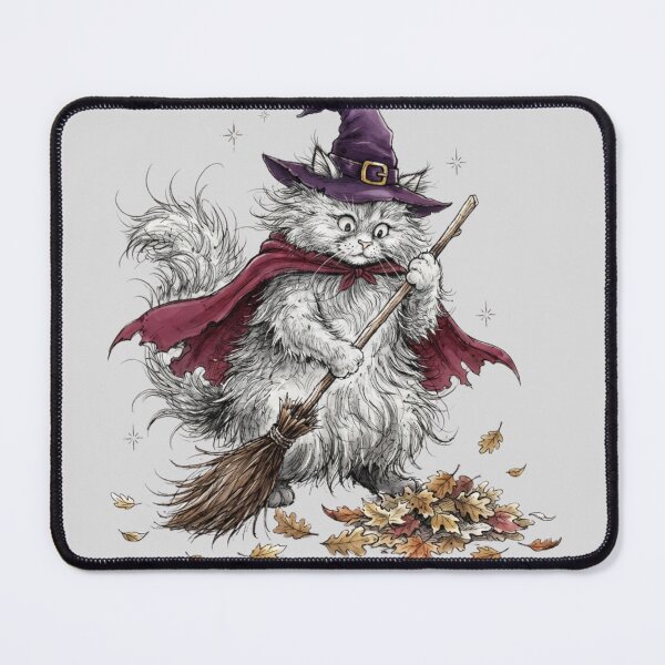 Item preview, Cute Fluffy White Cat Witch Sweeping Autumn Leaves Halloween designed and sold by BreezifyDesignStudio.