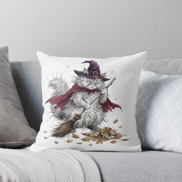 Item preview, Cute Fluffy White Cat Witch Sweeping Autumn Leaves Halloween designed and sold by BreezifyDesignStudio.