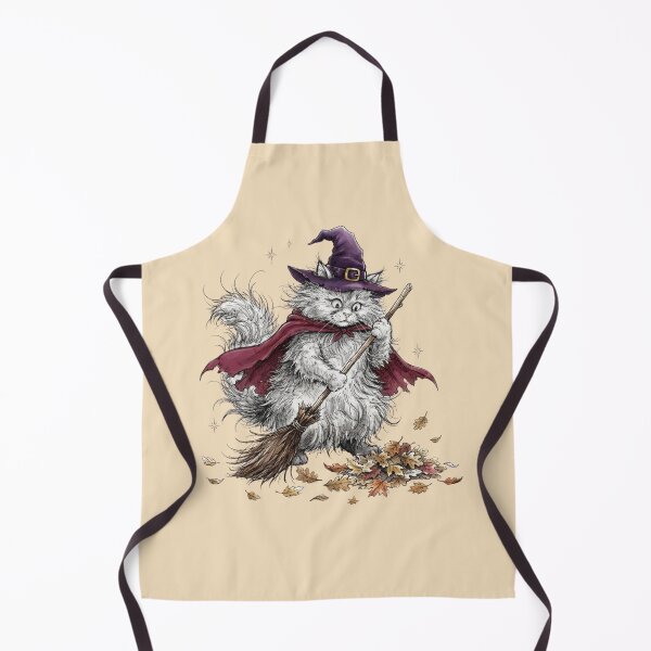 Item preview, Cute Fluffy White Cat Witch Sweeping Autumn Leaves Halloween designed and sold by BreezifyDesignStudio.