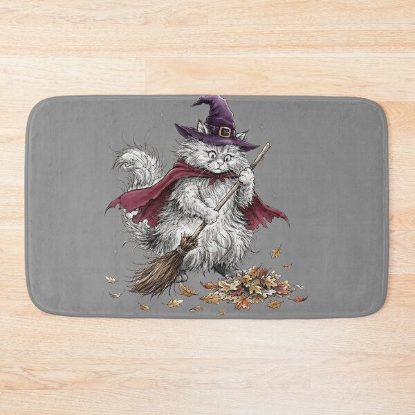 Item preview, Cute Fluffy White Cat Witch Sweeping Autumn Leaves Halloween designed and sold by BreezifyDesignStudio.