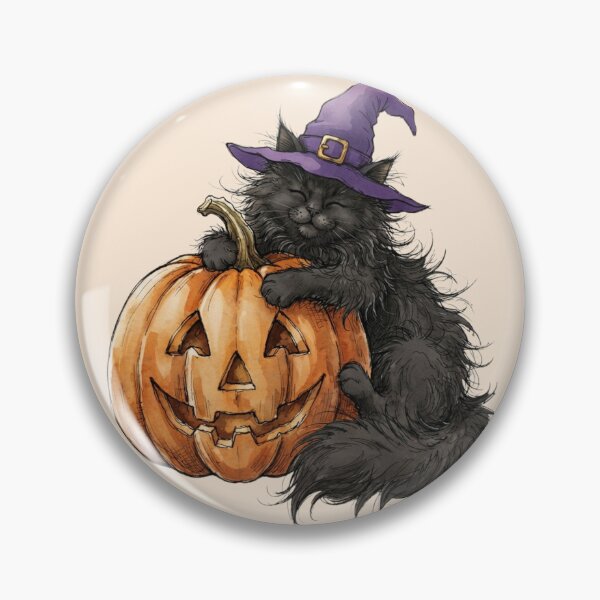 Item preview, Cute Fluffy Black Cat Witch Hugging Glowing Pumpkin Halloween designed and sold by BreezifyDesignStudio.