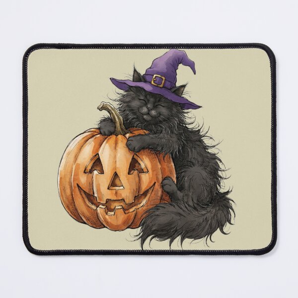 Item preview, Cute Fluffy Black Cat Witch Hugging Glowing Pumpkin Halloween designed and sold by BreezifyDesignStudio.