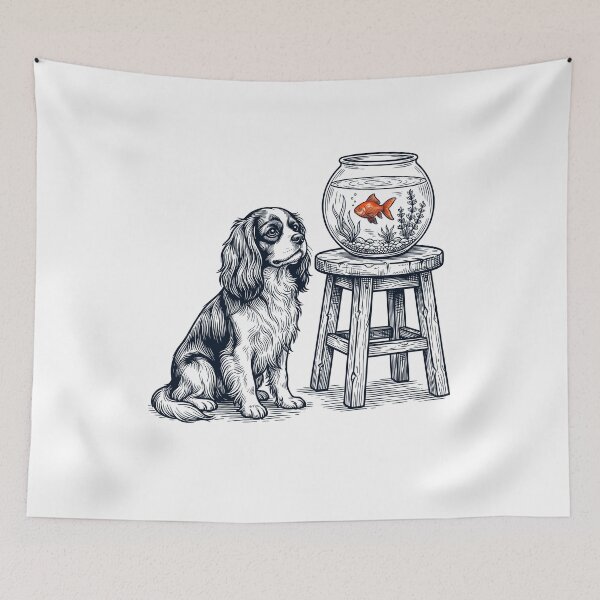 Item preview, Vintage Cavalier King Charles Spaniel with Goldfish Dog Lover designed and sold by dian-rody-crest.