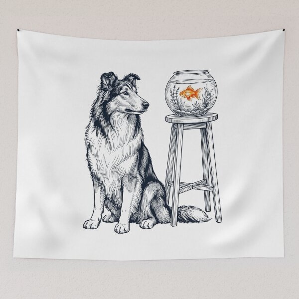 Aperçu de l'œuvre Collie vintage avec un amoureux des chiens et des poissons rouges créée et vendue par dian-rody-crest.