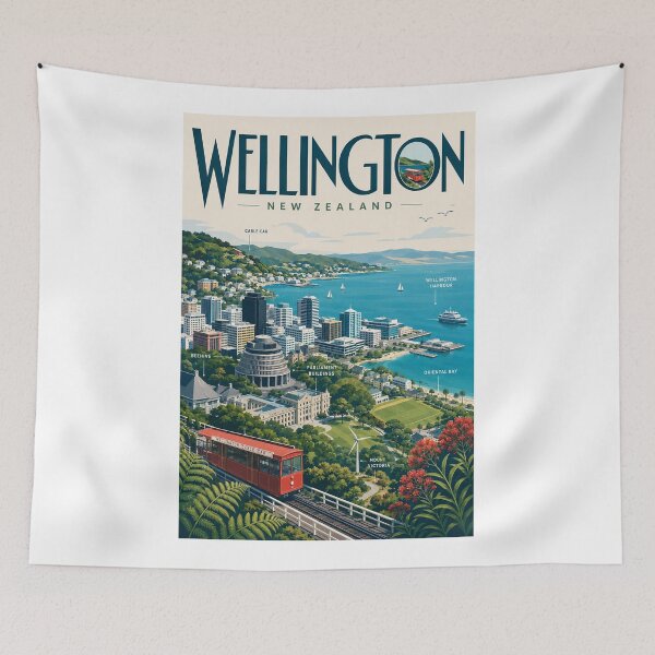 Artikelvorschau, Wellington, Neuseeland, mit Seilbahn, Hafen und Parlament entworfen und verkauft von Aryabek.