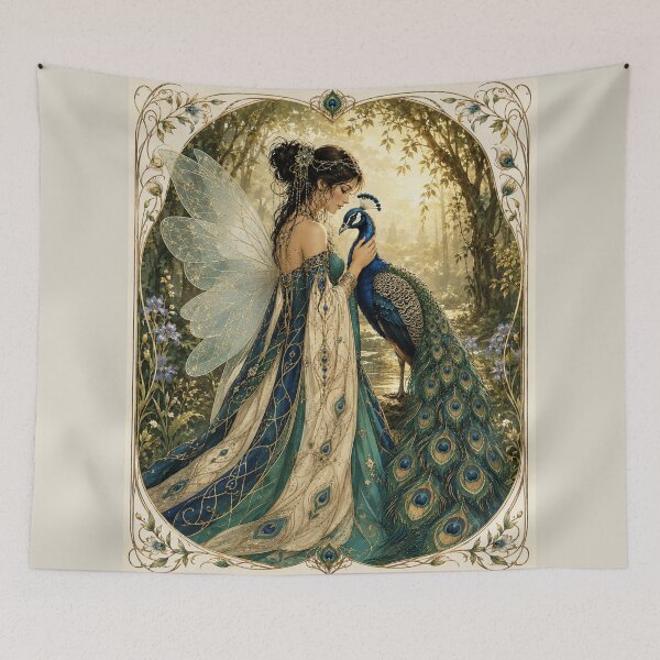 Item preview, The Peacock Keeper | Art Nouveau Fairy & Peacock designed and sold by FaerieFusion.