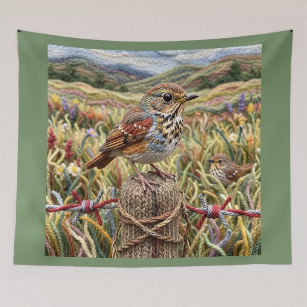 Item preview, Yarn Hermit Thrush on Fence Post designed and sold by Tridentulus.