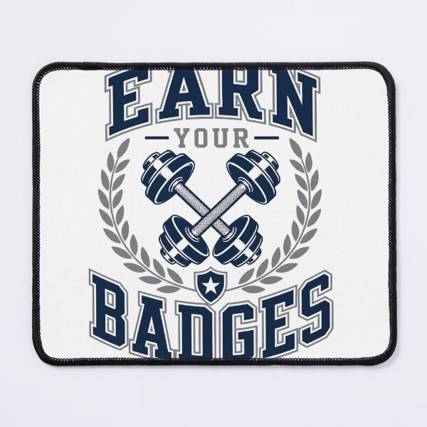 Item preview, Earn Your Badges – Collegiate Athletic Lettering – Crossed Dumbbells & Victory Wreath – Retro Gym Art designed and sold by bobscraze.