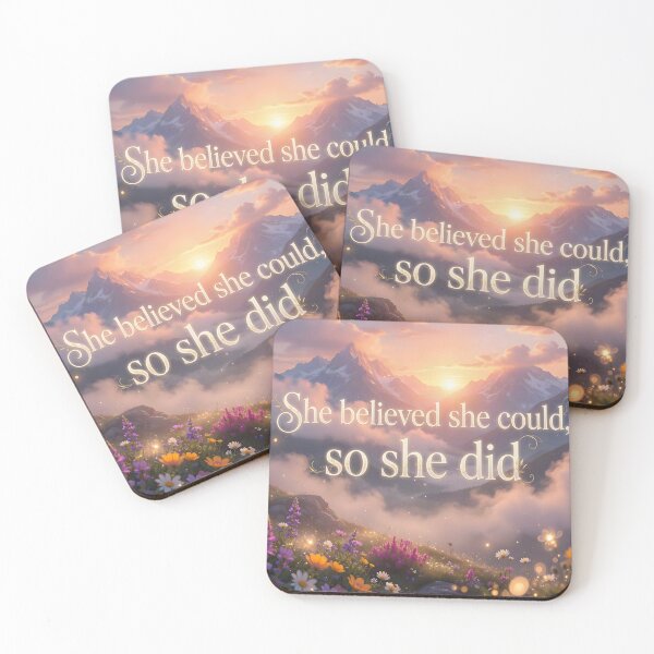 Item preview, She Believed She Could So She Did – Inspirational Mountain Sunrise Floral Art designed and sold by DreamyWallVibes.