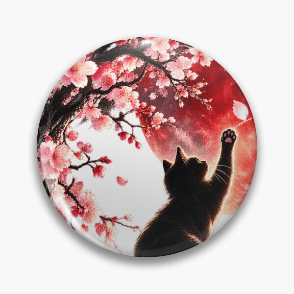 Item preview, Black Cat, Red Moon and Cherry Blossoms Japanese Ink Art designed and sold by ArtPrintPov.