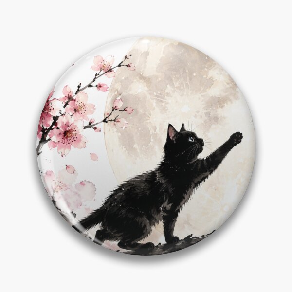 Item preview, Black Cat Reaching for a Sakura Petal Under the Full Moon designed and sold by ArtPrintPov.