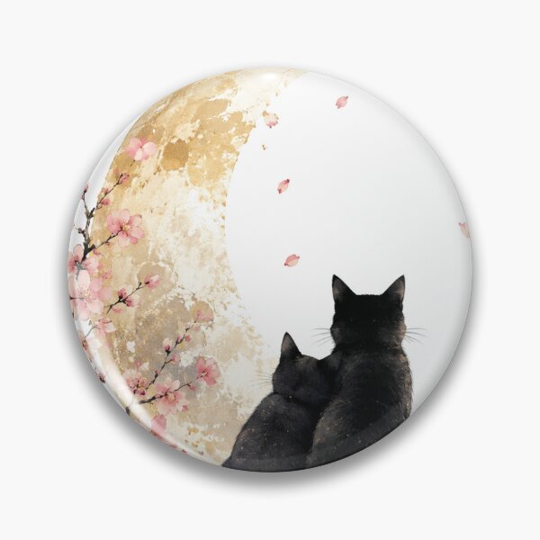 Item preview, Two Black Cats Watching the Crescent Moon and Sakura designed and sold by ArtPrintPov.