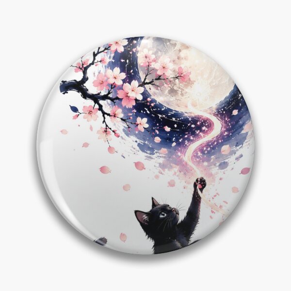Item preview, Sleeping Black Cat Curled Inside a Crescent Moon with Sakura designed and sold by ArtPrintPov.
