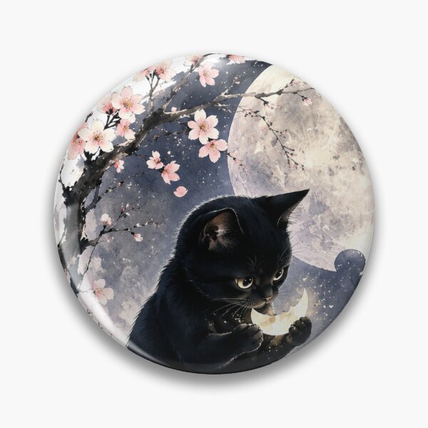 Item preview, Black Cat Holding a Fallen Moon Fragment Under Sakura designed and sold by ArtPrintPov.
