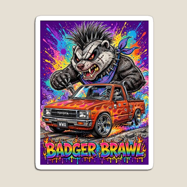 Item preview, WWA-Badger Brawl Punk Honey Badger Hot Rod Lowbrow Art Print designed and sold by WeirdWheeledArt.