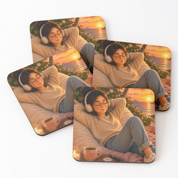 Item preview, Cozy Sunset Beach Girl with Headphones designed and sold by Qenlo.