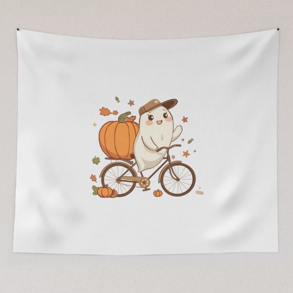 Item preview, Pumpkin Ghost Riding a Bicycle – Cute Fall Halloween Autumn Design designed and sold by ColorClouds.