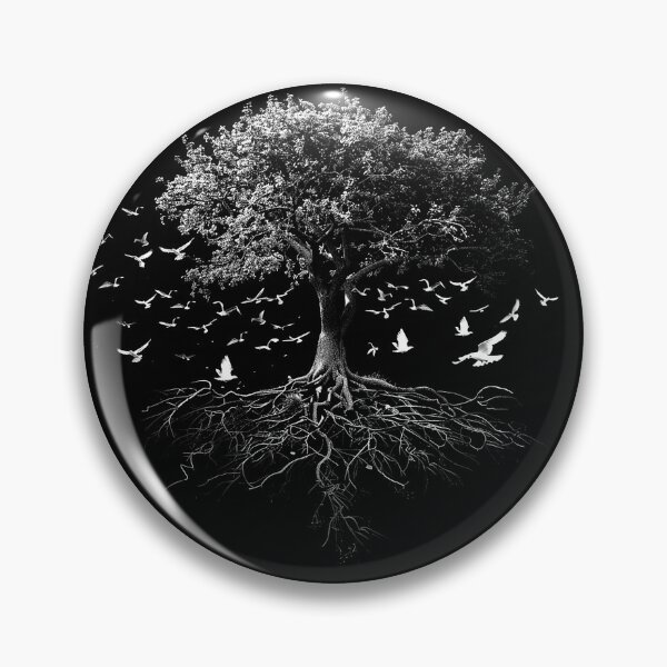 Item preview, Tree of Life with Flying Birds and Exposed Roots Monochrome Art designed and sold by inkoutninja.
