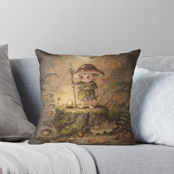 Item preview, Mushroom-Cap Sprite Standing Guard Over One Golden Acorn Storybook Art designed and sold by PictorialWhimsy.