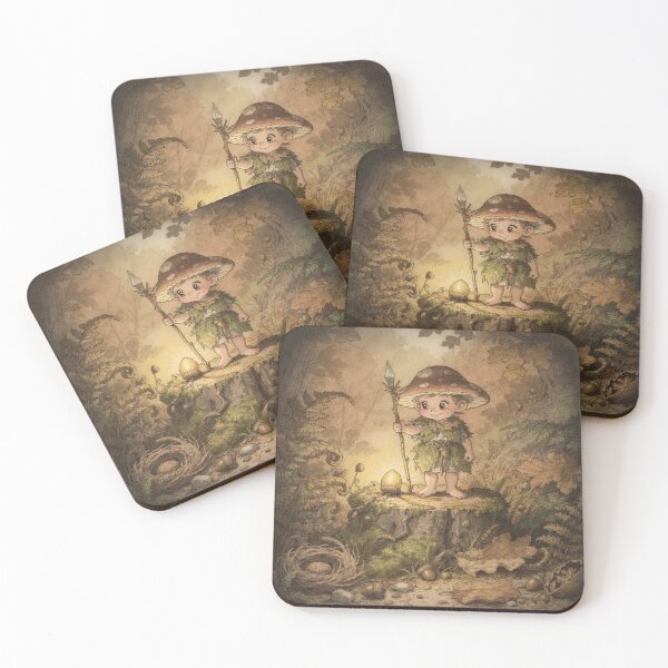 Item preview, Mushroom-Cap Sprite Standing Guard Over One Golden Acorn Storybook Art designed and sold by PictorialWhimsy.