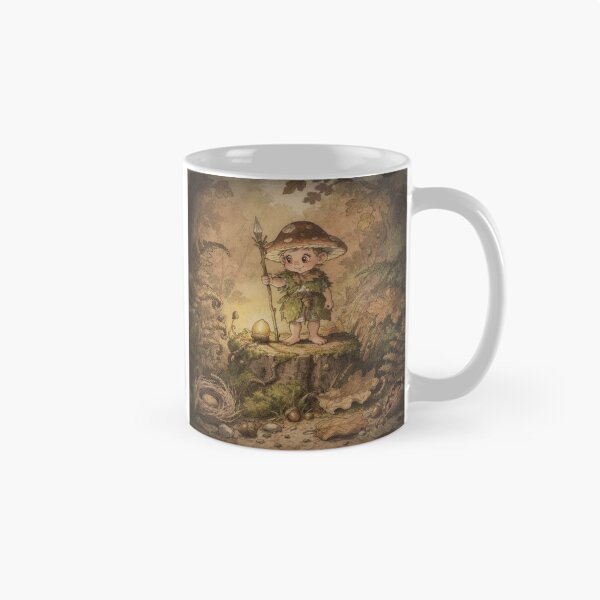 Item preview, Mushroom-Cap Sprite Standing Guard Over One Golden Acorn Storybook Art designed and sold by PictorialWhimsy.