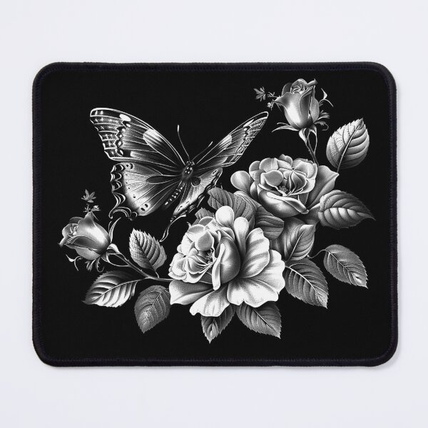 Item preview, Butterfly and Roses Black and White Botanical Gothic Floral Art Design designed and sold by inkoutninja.