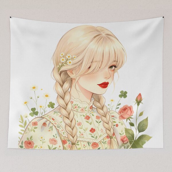 Item preview, Blonde Braid Cottagecore Girl with Daisies and Roses designed and sold by Bondingbonding.