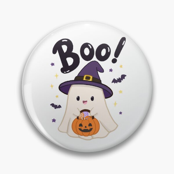 Item preview, Cute Halloween ghost character holding pumpkin candy basket with witch hat and spooky decorations designed and sold by PeonyandlillyId.