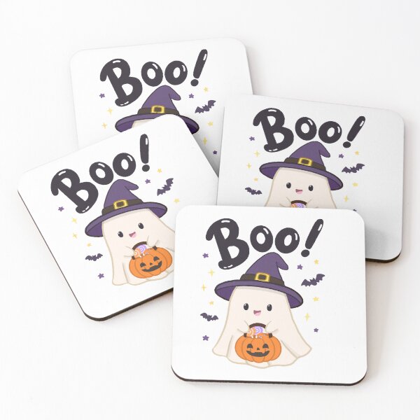 Item preview, Cute Halloween ghost character holding pumpkin candy basket with witch hat and spooky decorations designed and sold by PeonyandlillyId.
