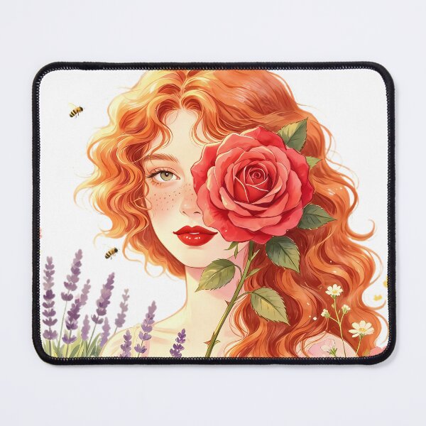 Item preview, Cottagecore Redhead Girl with Red Rose and Wildflowers designed and sold by Bondingbonding.