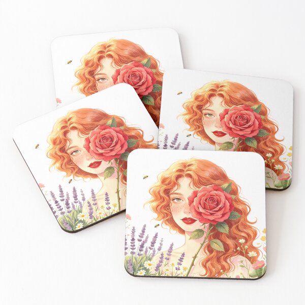 Item preview, Cottagecore Redhead Girl with Red Rose and Wildflowers designed and sold by Bondingbonding.