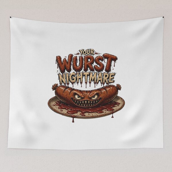 Item preview, Your Wurst Nightmare - Scary Sausage Monster Funny Horror Print designed and sold by HorrorWorldWeb.