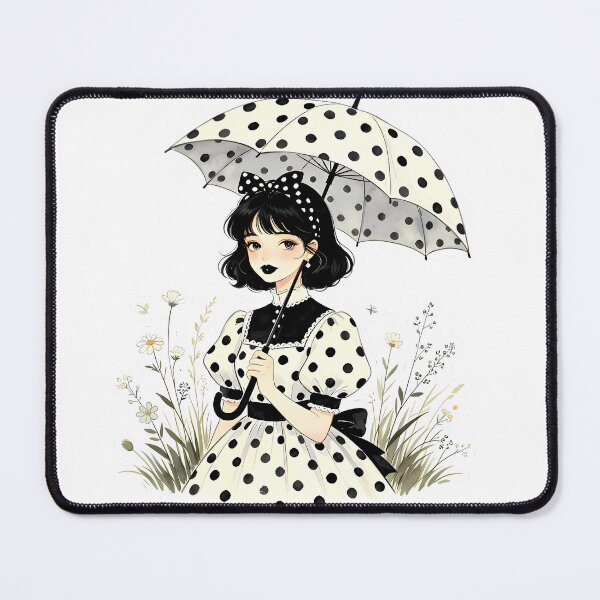 Item preview, Cottagecore Polka Dot Girl with Black Lips and Umbrella designed and sold by Bondingbonding.