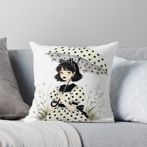 Item preview, Cottagecore Polka Dot Girl with Black Lips and Umbrella designed and sold by Bondingbonding.