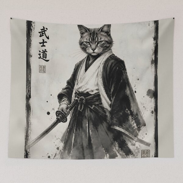 Item preview, Japanese Samurai Cat Ninja Warrior Ukiyoe Ink Art designed and sold by GrinGalore.