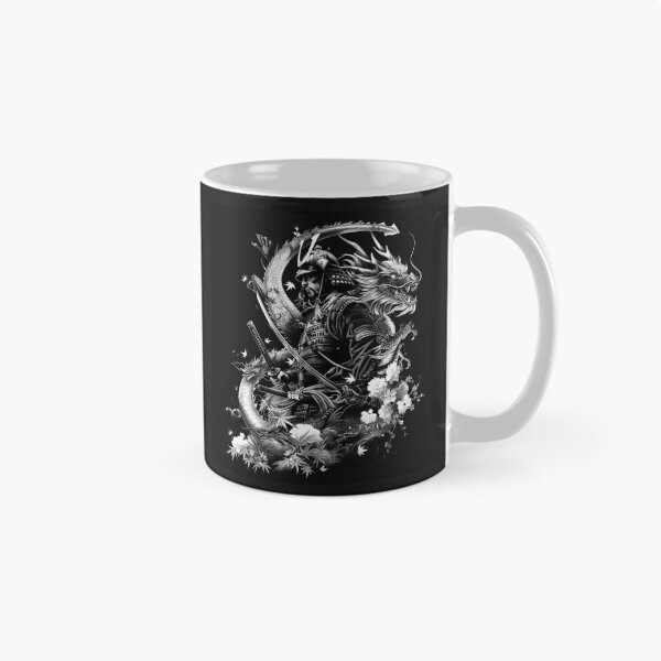 Item preview, Samurai Warrior with Dragon Katana Japanese Mythology Black and White Art designed and sold by inkoutninja.