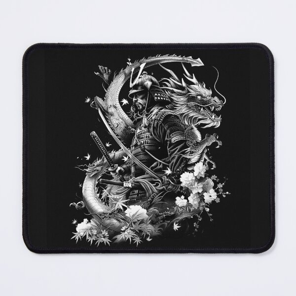 Item preview, Samurai Warrior with Dragon Katana Japanese Mythology Black and White Art designed and sold by inkoutninja.