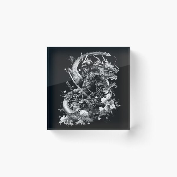 Item preview, Samurai Warrior with Dragon Katana Japanese Mythology Black and White Art designed and sold by inkoutninja.