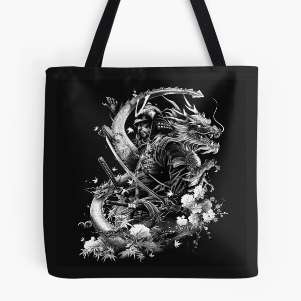 Item preview, Samurai Warrior with Dragon Katana Japanese Mythology Black and White Art designed and sold by inkoutninja.