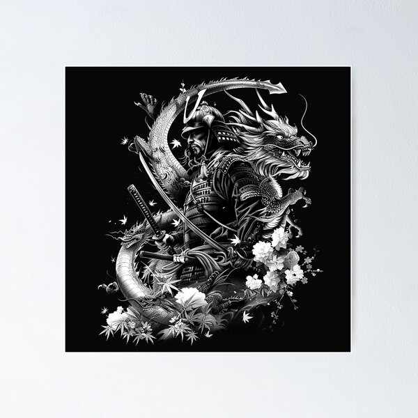 Item preview, Samurai Warrior with Dragon Katana Japanese Mythology Black and White Art designed and sold by inkoutninja.