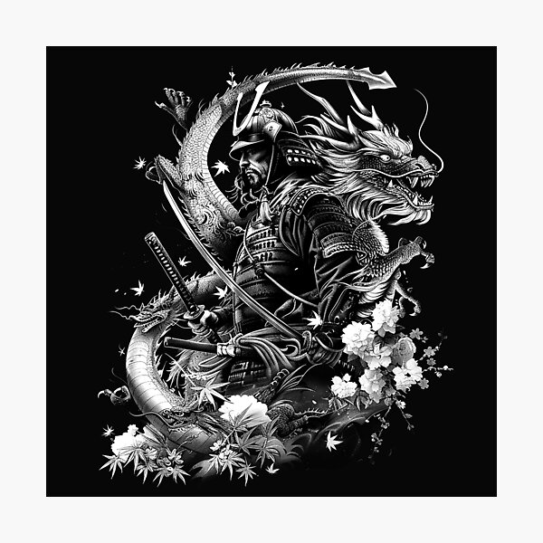 Item preview, Samurai Warrior with Dragon Katana Japanese Mythology Black and White Art designed and sold by inkoutninja.