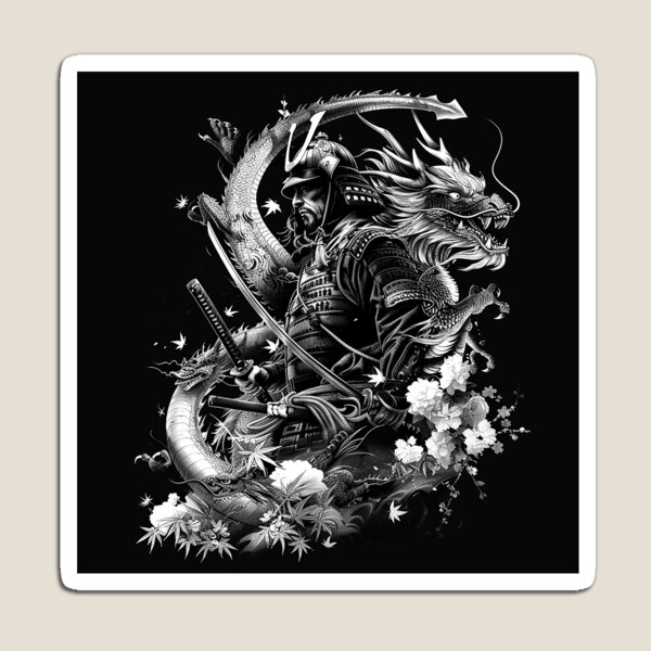 Item preview, Samurai Warrior with Dragon Katana Japanese Mythology Black and White Art designed and sold by inkoutninja.