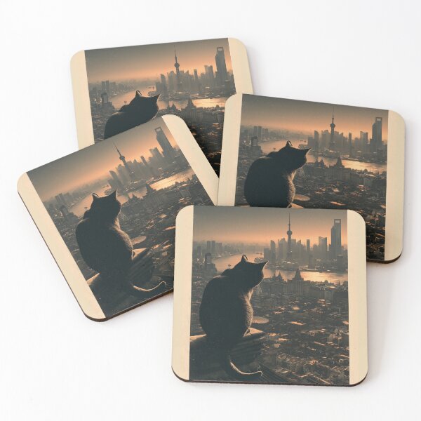 Item preview, Vintage Shanghai Travel Poster with Black Cat Overlooking Skyline designed and sold by ROD.